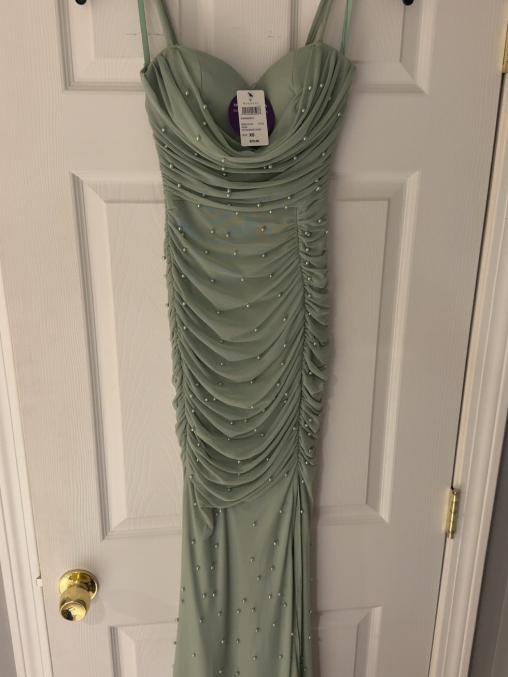 Windsor Sage Green Beaded Ruched Strapless Prom Gown